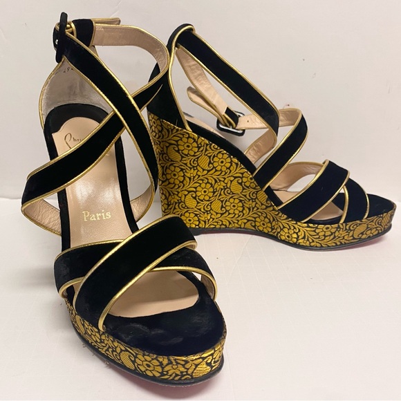 CHRISTIAN LOUBOUTIN Paris Black Velvet Gold Brocade Wedge Platform Shoe SZ 39 - Picture 10 of 10